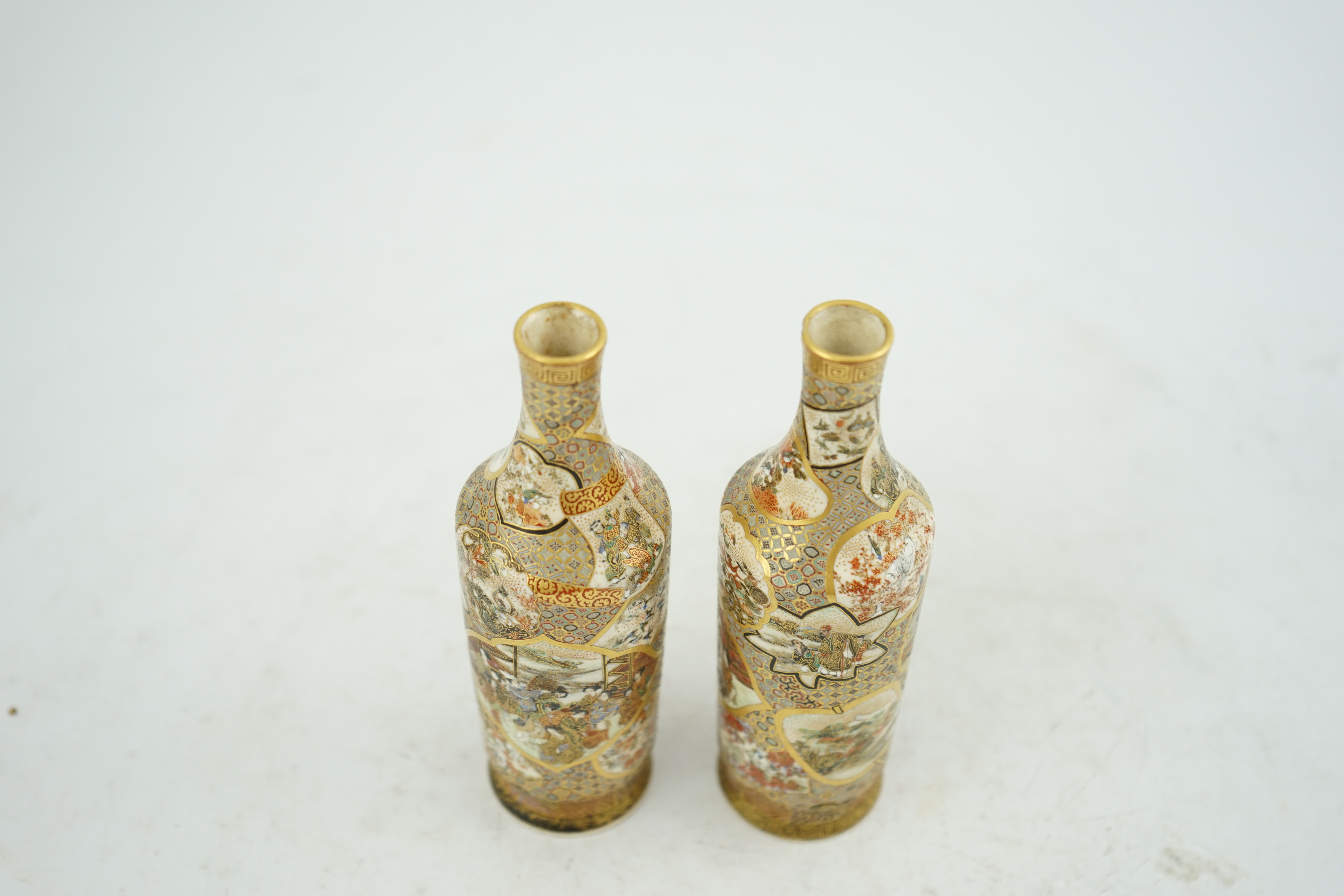 A pair of Japanese Satsuma bottle vases, Meiji period